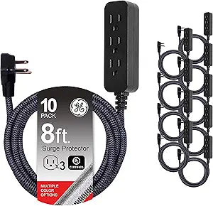 GE 53251 3-Outlet Surge Protector 8ft Braided Cord 10-Pack