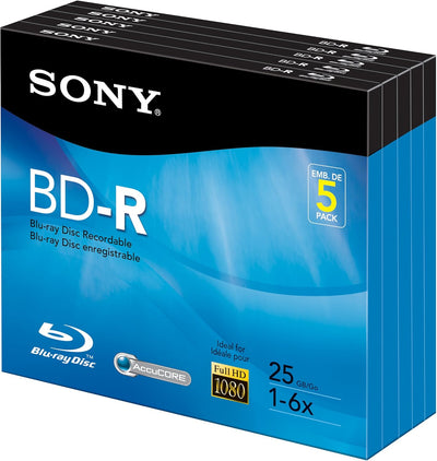 Sony 5BNR25R3H 6x 25GB Recordable Blu-Ray Disc, 5-Pack