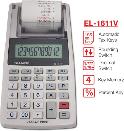 Sharp EL-1611V Handheld Printing Calculator Tax Function