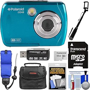 Polaroid iS048 Teal Waterproof Camera Bundle - 32GB, Selfie Stick