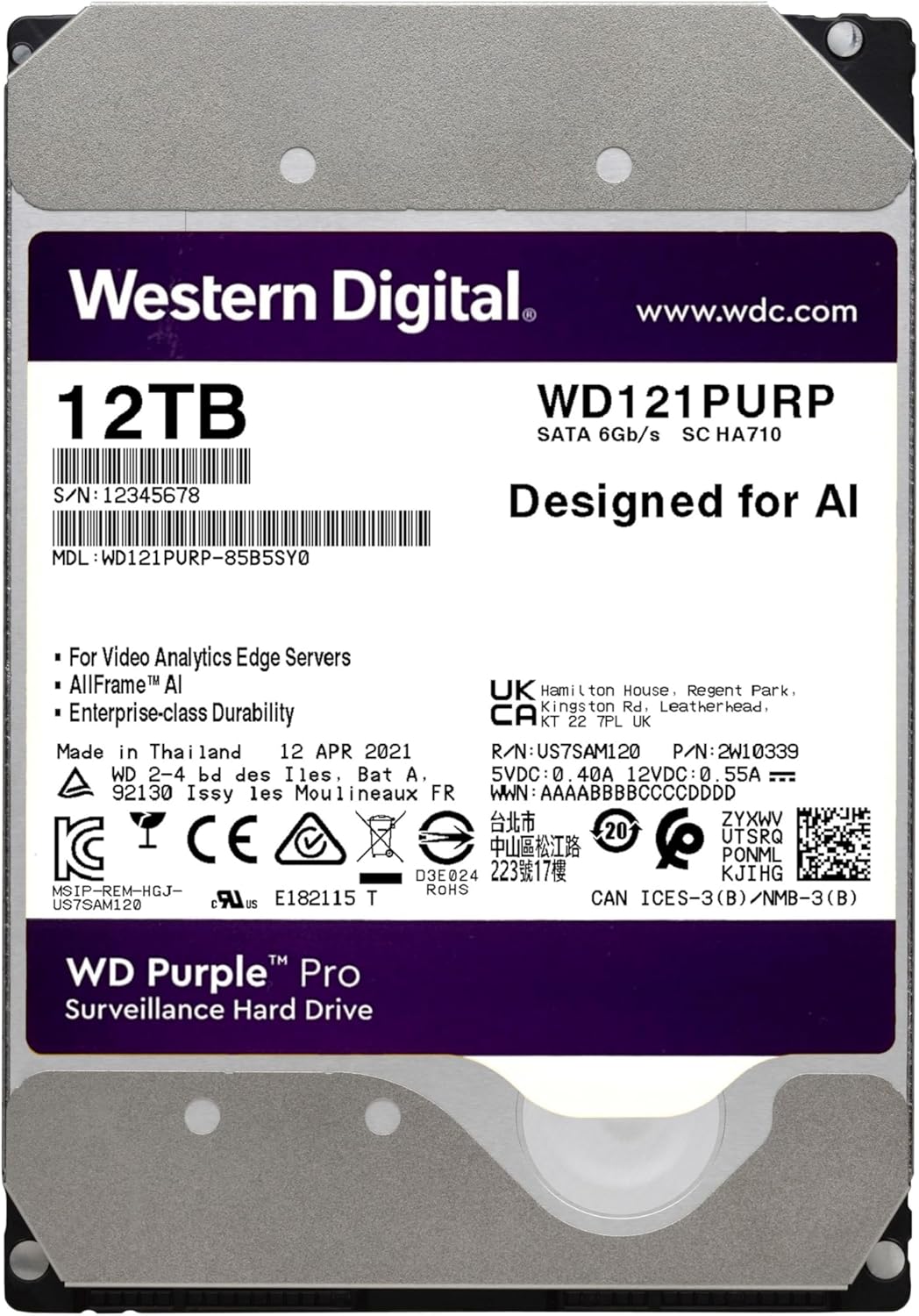 Western Digital WD121PURP-SPB5SY0 12TB Purple Pro Surveillance HDD
