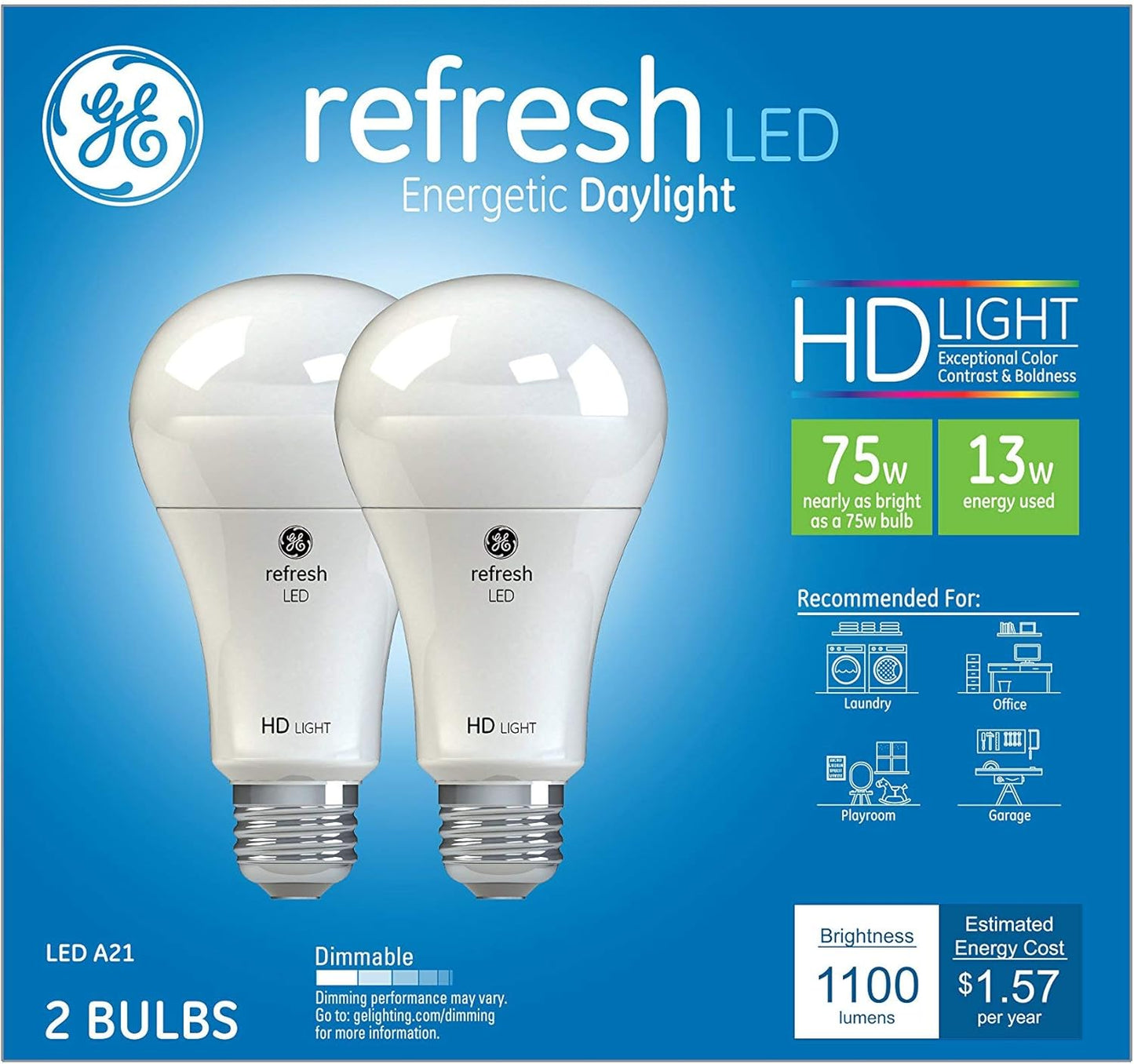 GE 93127610 Refresh LED A19 Light Bulbs 75W 2-Pack