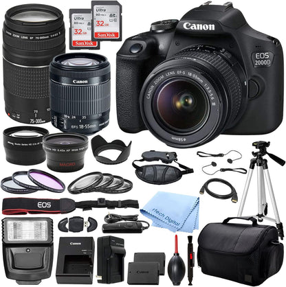 Canon 2000D Rebel T7 DSLR Camera 18-55mm & 75-300mm Lenses