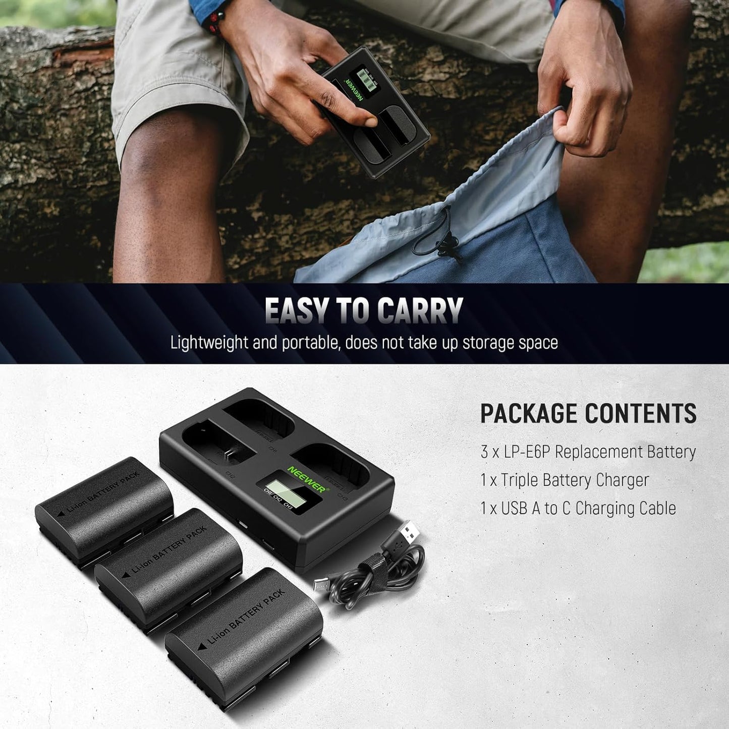 Neewer LP-E6P 2400mAh Battery 3-Pack with USB Charger