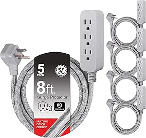 GE 53253 3-Outlet Power Strip - 8ft Braided Cord, 5 Pack