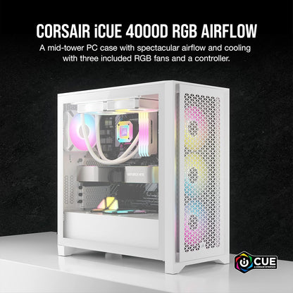 Corsair iCUE 4000D RGB Airflow: White Mid-Tower Case, 3x AF120 RGB Fans