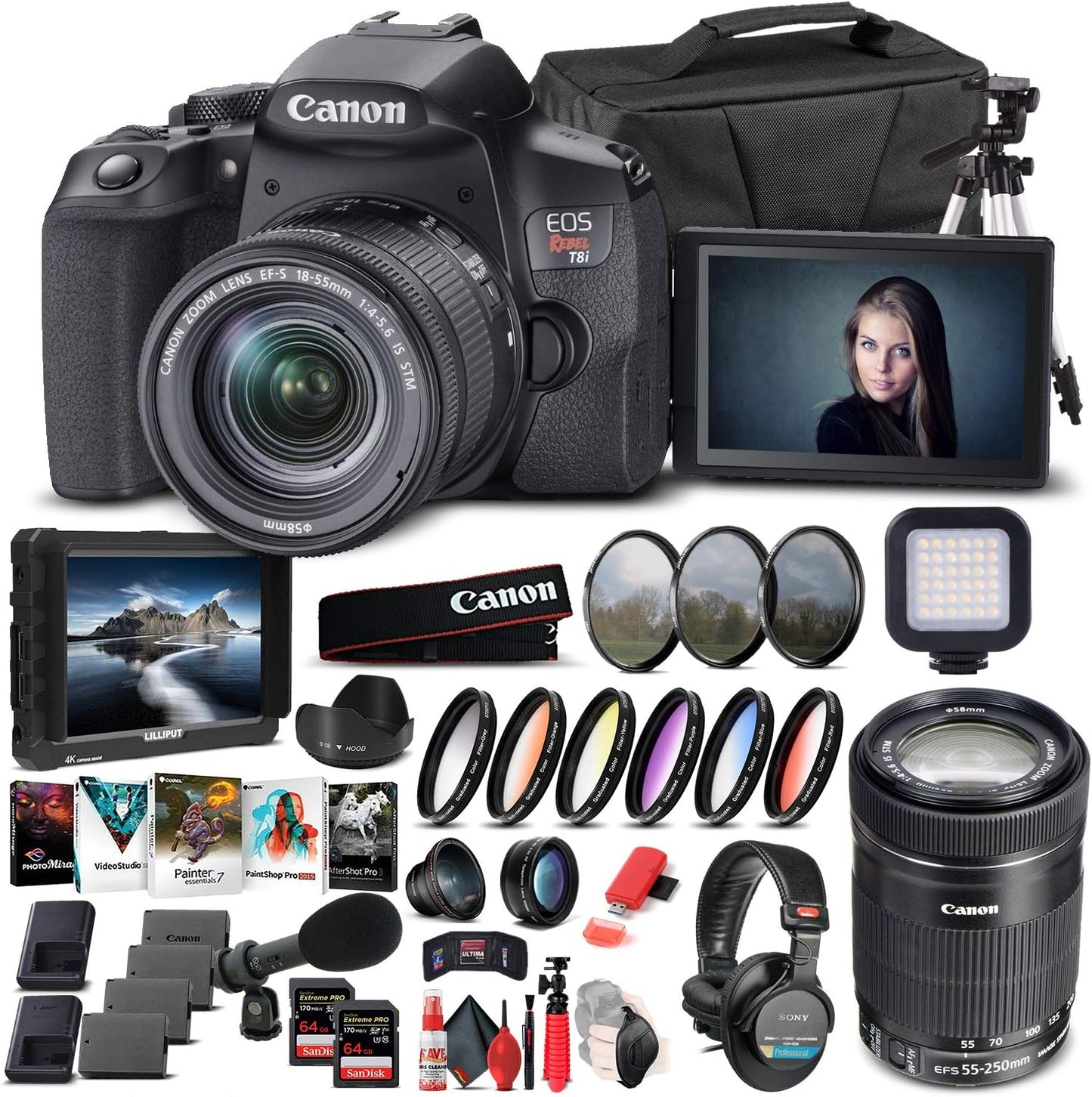 Canon 3924C002 EOS Rebel T8i DSLR Kit - 18-55mm, 55-250mm Lenses - Renewed