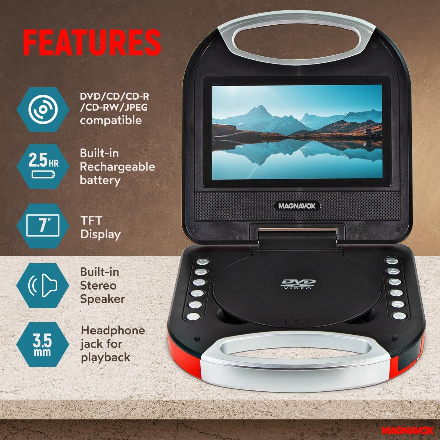 Magnavox MTFT750-RD 7-inch Portable DVD CD Player Red