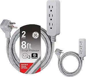 GE Pro 3-Outlet Power Strip - 8ft Braided Cord, 2-Pack