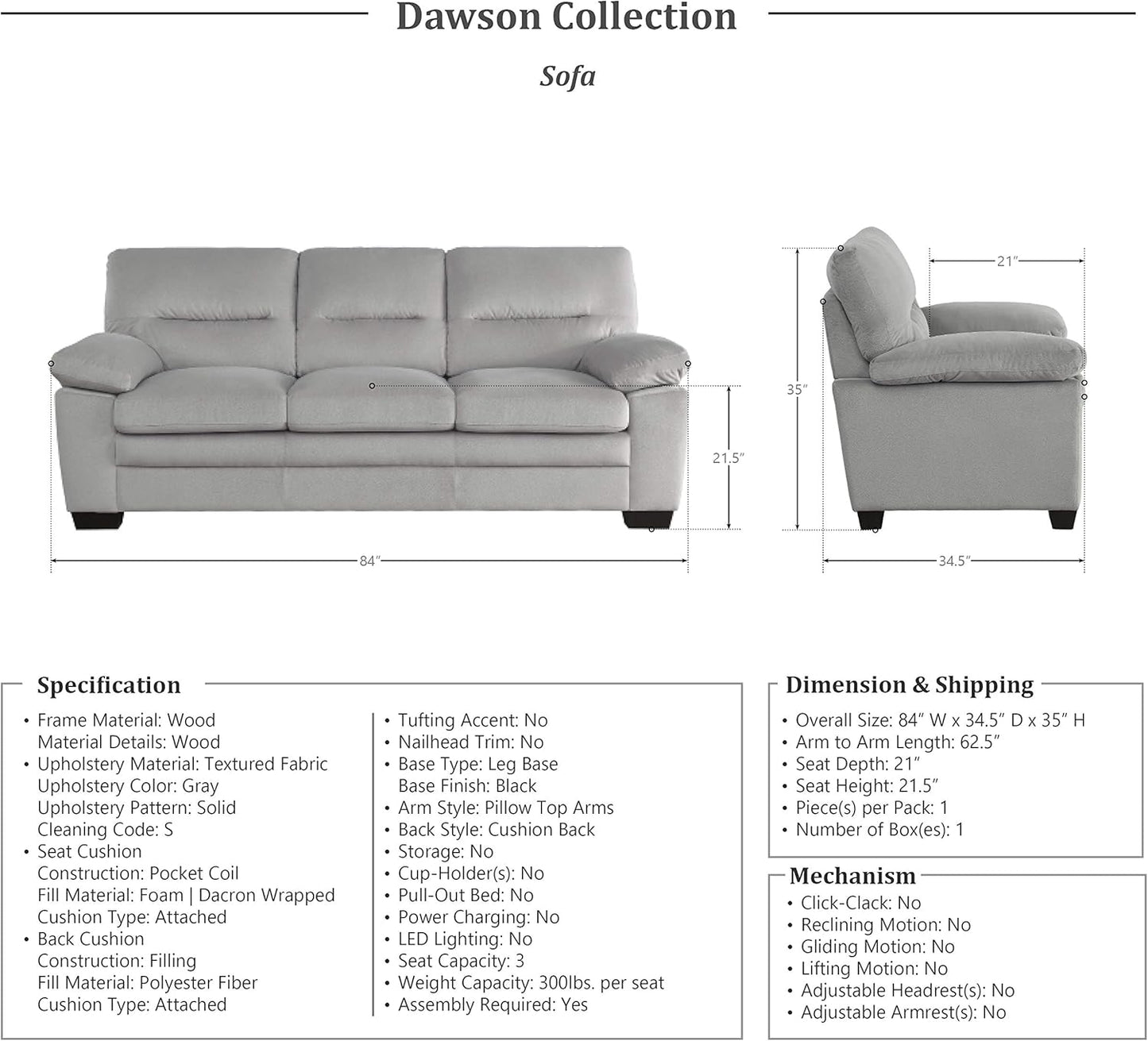 Lexicon Living Room Furniture Set: Sofa, Loveseat, Chair - Gray