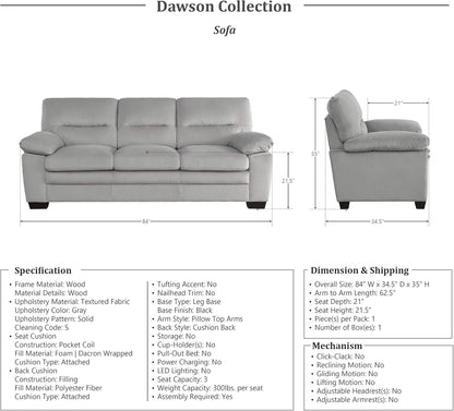 Lexicon Living Room Furniture Set: Sofa, Loveseat, Chair - Gray