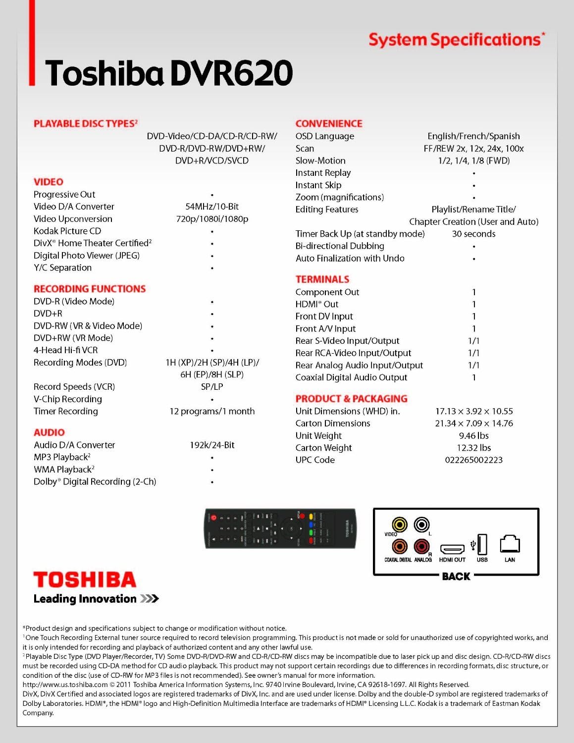 Toshiba DVR-620 DVD VHS Recorder Renewed