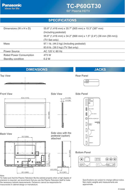 Panasonic TC-P60GT30 60-Inch VIERA 3D Plasma HDTV