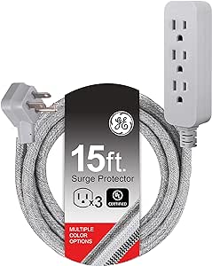 GE Pro 3-Outlet Surge Protector Power Strip 15ft Braided Cord — main product image