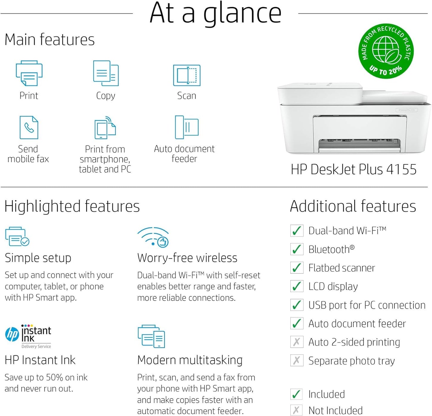 HP 3XV13A DeskJet Plus 4155 Wireless All-in-One Printer (Renewed)