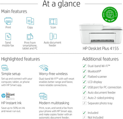 HP 3XV13A DeskJet Plus 4155 Wireless All-in-One Printer (Renewed)