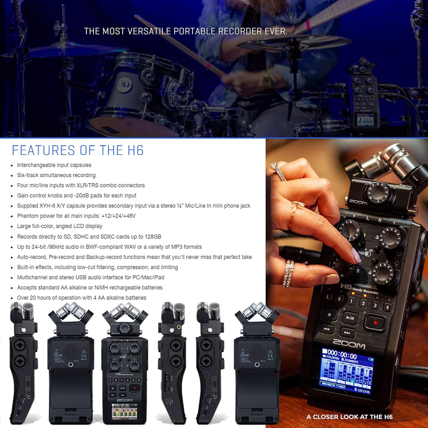 Zoom ZMH6ABK7 All Black Portable Recorder Bundle