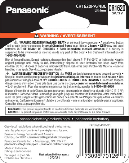 Panasonic CR1620PA/4BL Lithium Coin Cell Battery 4-Pack