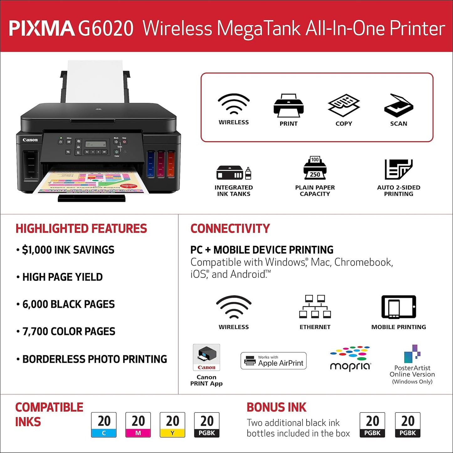 Canon 3113C002 PIXMA G6020 Wireless MegaTank Printer