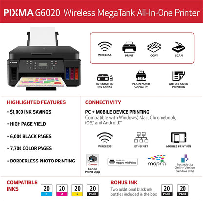 Canon 3113C002 PIXMA G6020 Wireless MegaTank Printer