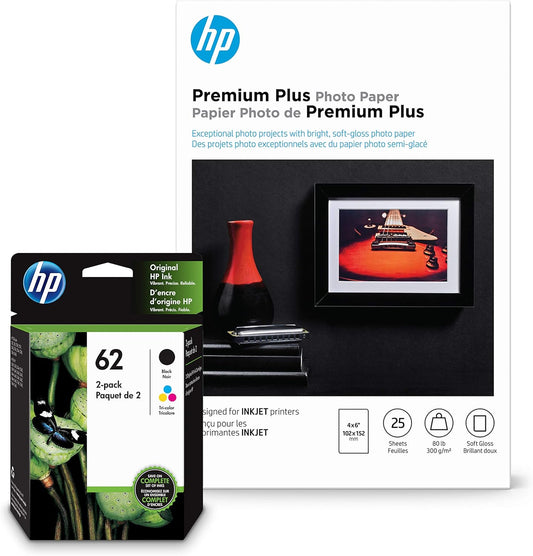HP 62 Black & Tri-Color Ink with Premium Photo Paper 4x6