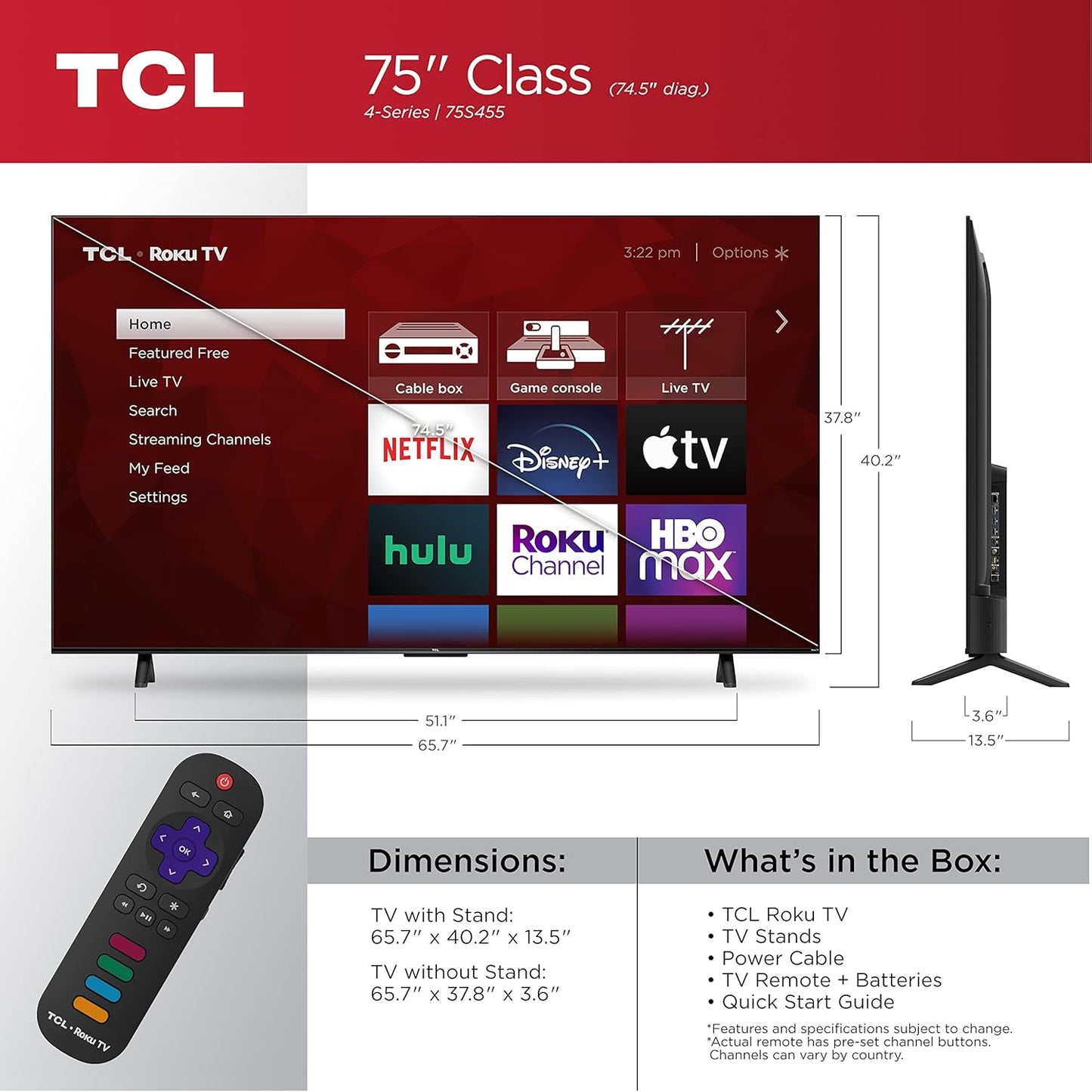 TCL 75S455 75" 4-Series 4K UHD HDR Smart Roku TV