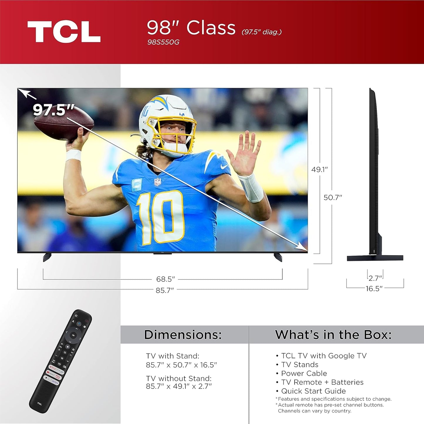 TCL 98S550G 98-Inch 4K UHD LED Smart Google TV - 2023
