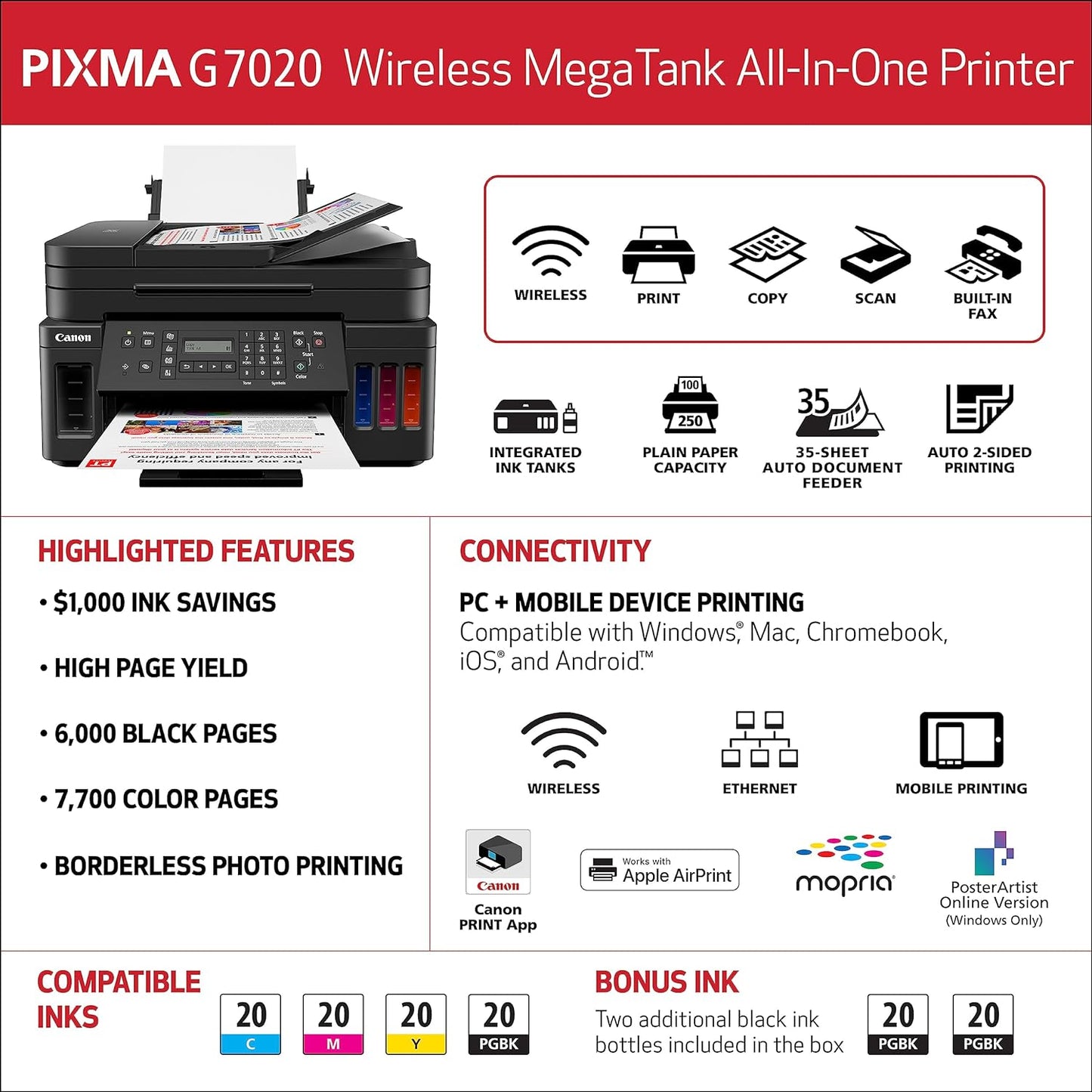 Canon G7020 Wireless MegaTank All-in-One Printer with Alexa