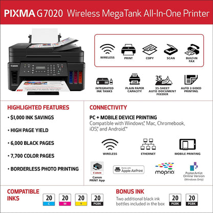 Canon G7020 Wireless MegaTank All-in-One Printer with Alexa
