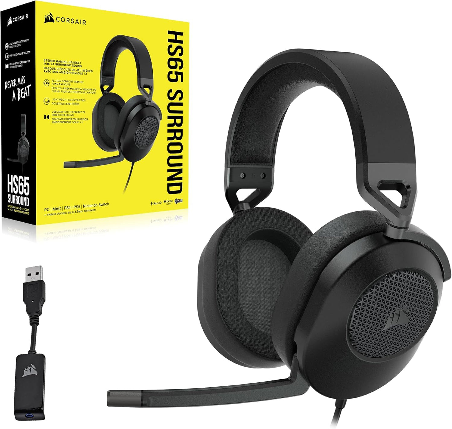 Corsair CA-9011270-NA HS65 Surround Gaming Headset - Dolby Atmos, iCUE