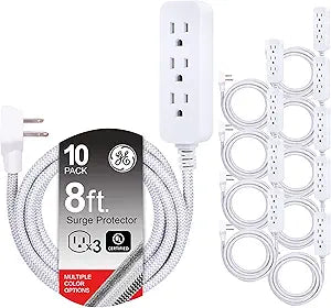 GE 53248 Pro 3-Outlet Surge Protector 8 Ft Cord 10-Pack