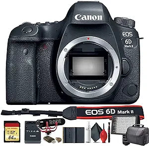 Canon EOS 6D Mark II DSLR Camera Bundle - Bag, Battery, LED Light, Mic (Renewed)