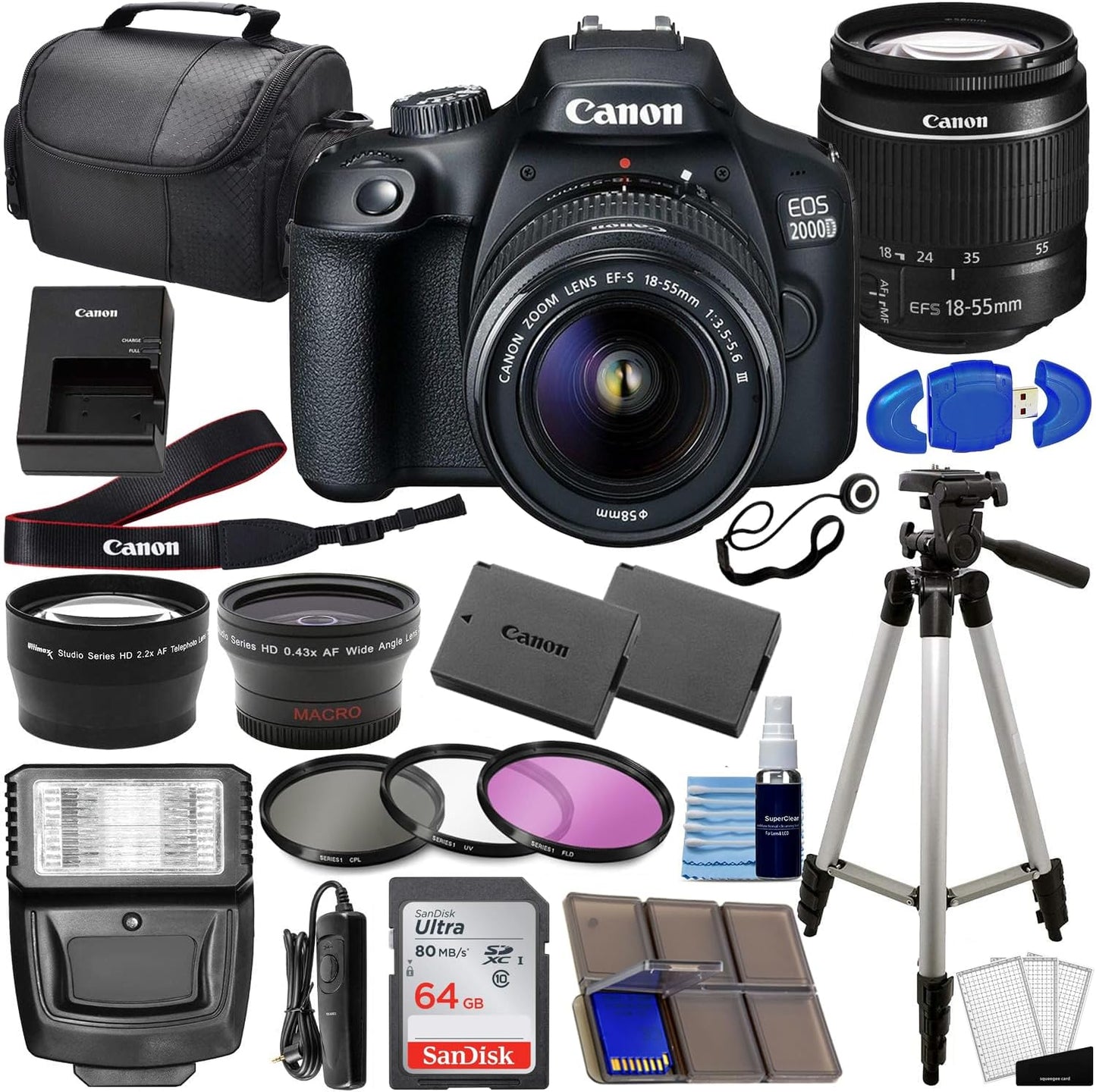 Canon EOS 2000D (Rebel T7) DSLR Camera Bundle (Renewed)