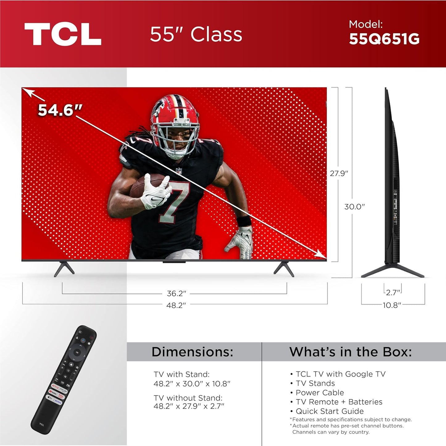 TCL 55Q651G 55-Inch QLED 4K UHD Smart Google TV