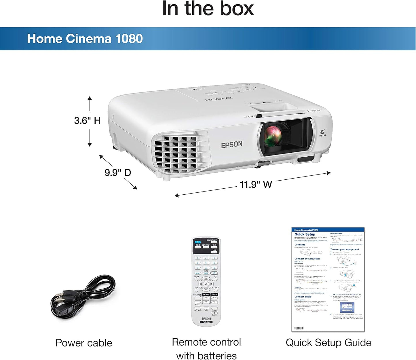 Epson V11H980020-N Home Cinema 1080: 3LCD Projector (Renewed)