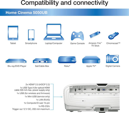 Epson Home Cinema 5050UB 4K PRO-UHD Projector (Renewed)