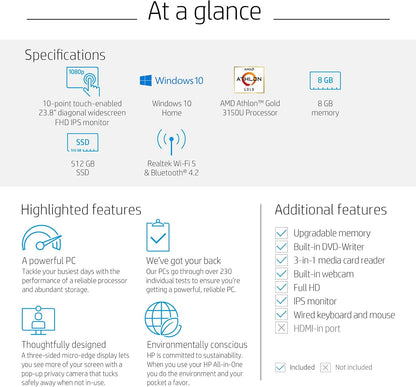 HP 24-df0040 24" Touch All-in-One AMD Athlon 512GB SSD