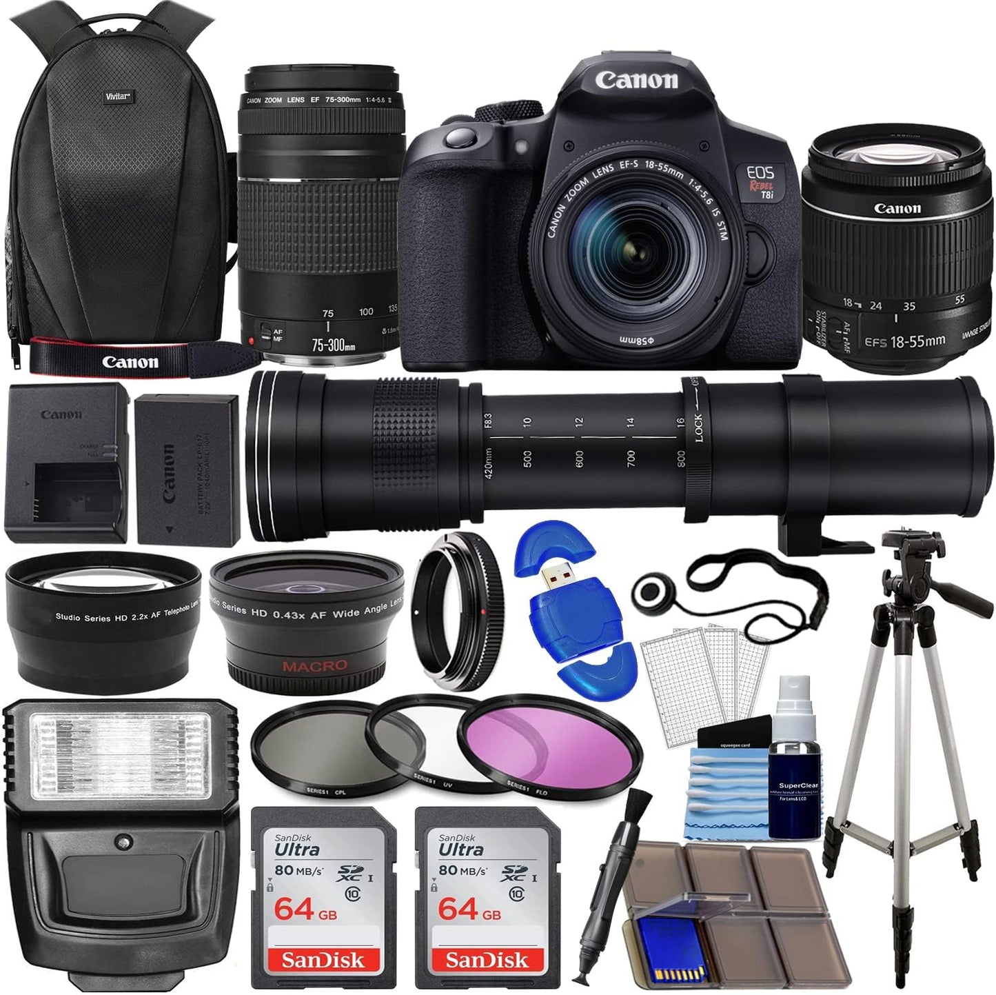 Canon EOS Rebel T8i DSLR Camera Lens Bundle