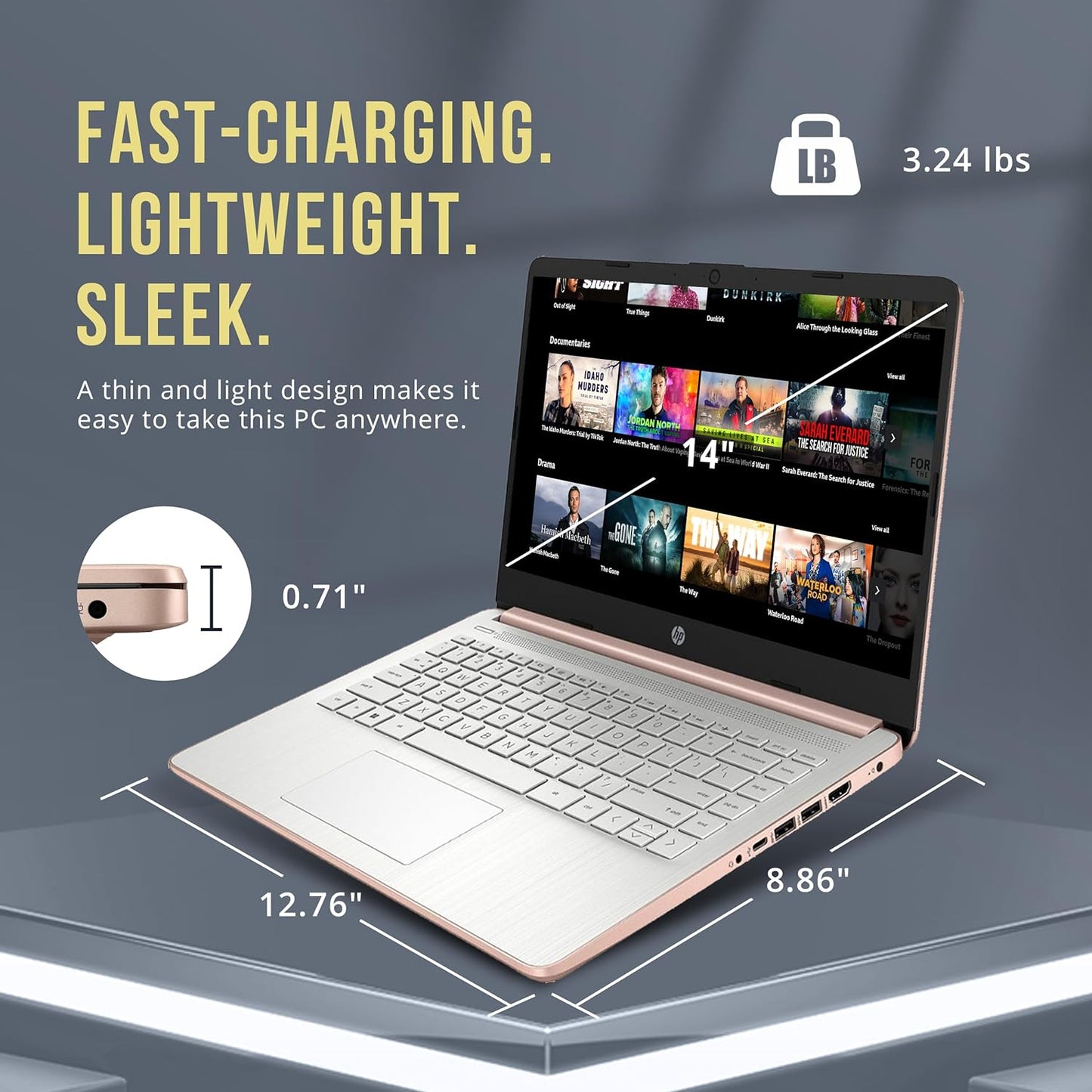 HP Stream 14" HD Laptop, 16GB RAM, 288GB Storage, Gold