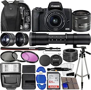 Canon M50 Mark II Mirrorless Camera Bundle 15-45mm + Zoom Lens