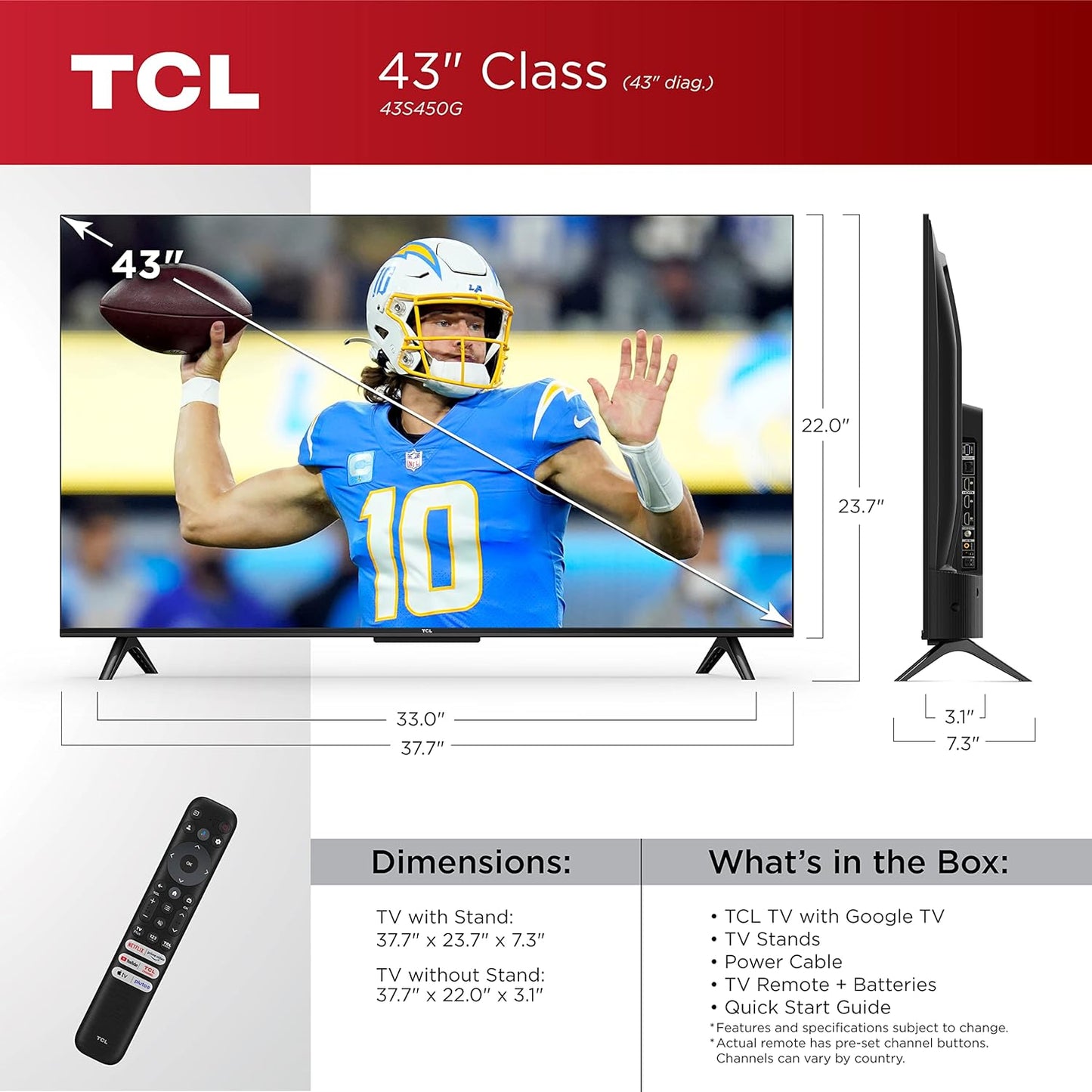 TCL 43S450G - 43" S4 4K Google Smart TV (2023) - Renewed