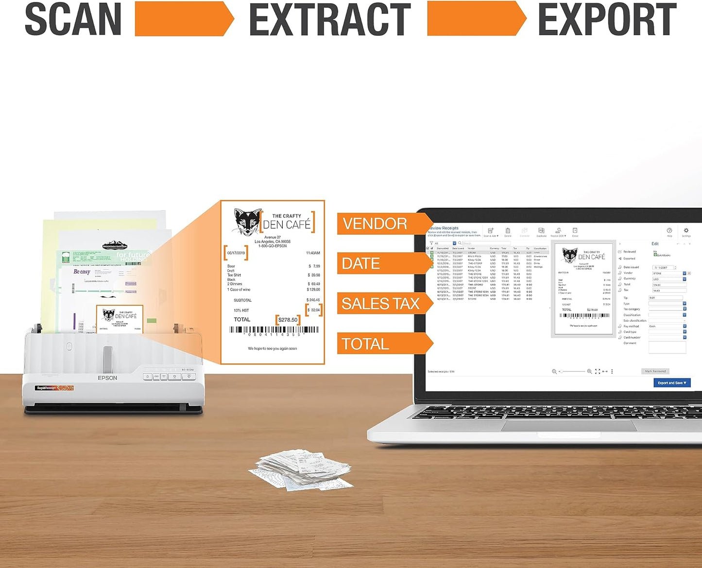 Epson B11B270202 RapidReceipt RR-400W Wireless Receipt Scanner