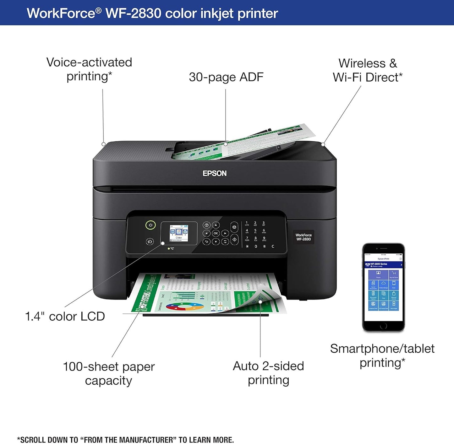Epson Workforce WF-2830 Wireless Color All-in-One Printer