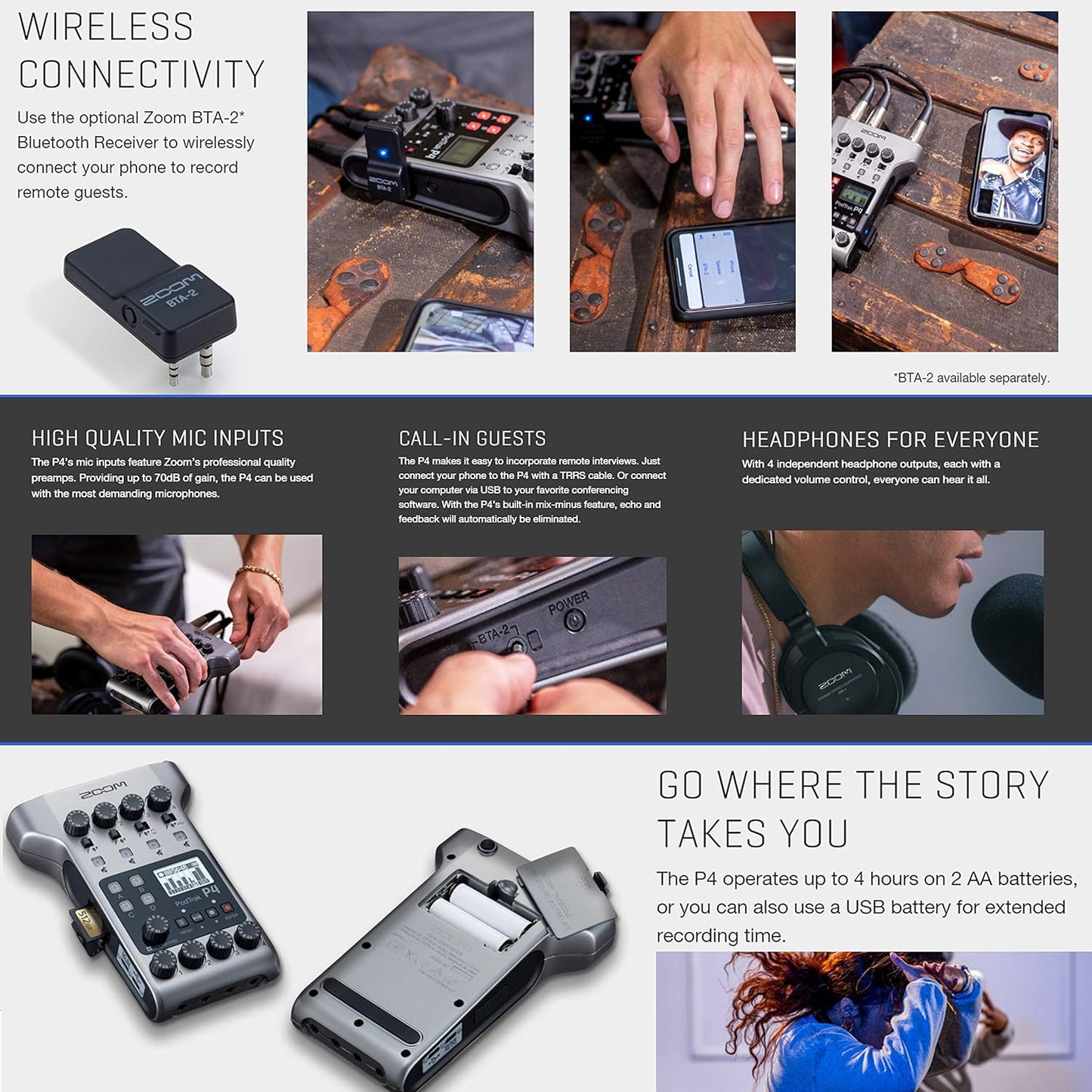 Zoom ZMP4K6 PodTrak P4 Podcast Recorder Mic Bundle