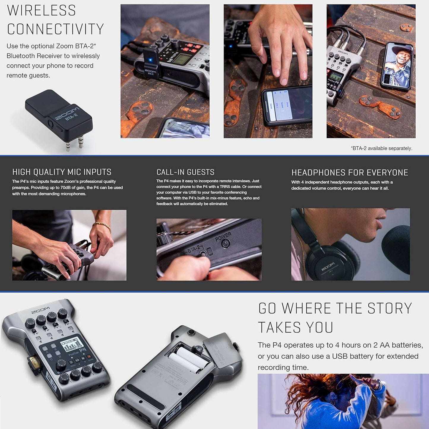 Zoom PodTrak P4 Podcast Recorder Bundle with Mics and Accessories