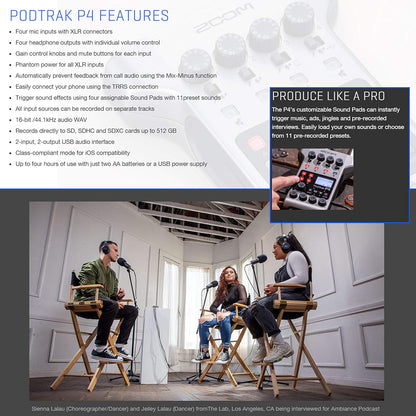 Zoom P4 PodTrak Podcast Recorder Bundle with Mics & Accessories