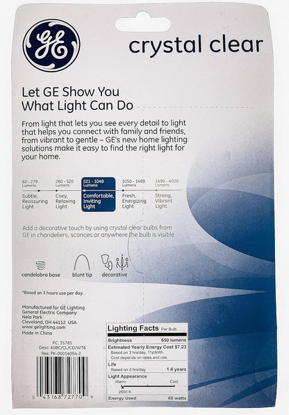 GE 72770 Crystal Clear 60-Watt Blunt Tip Bulbs - 6-Pack
