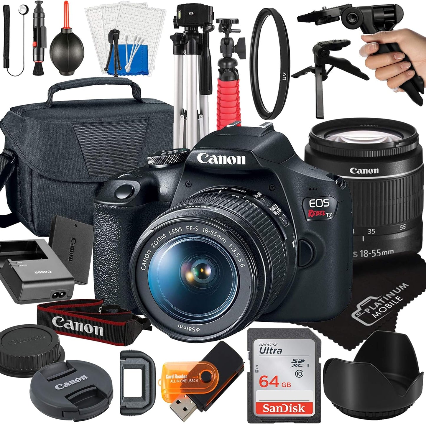 Canon EOS Rebel T7 DSLR 18-55mm Lens Bundle (Renewed)