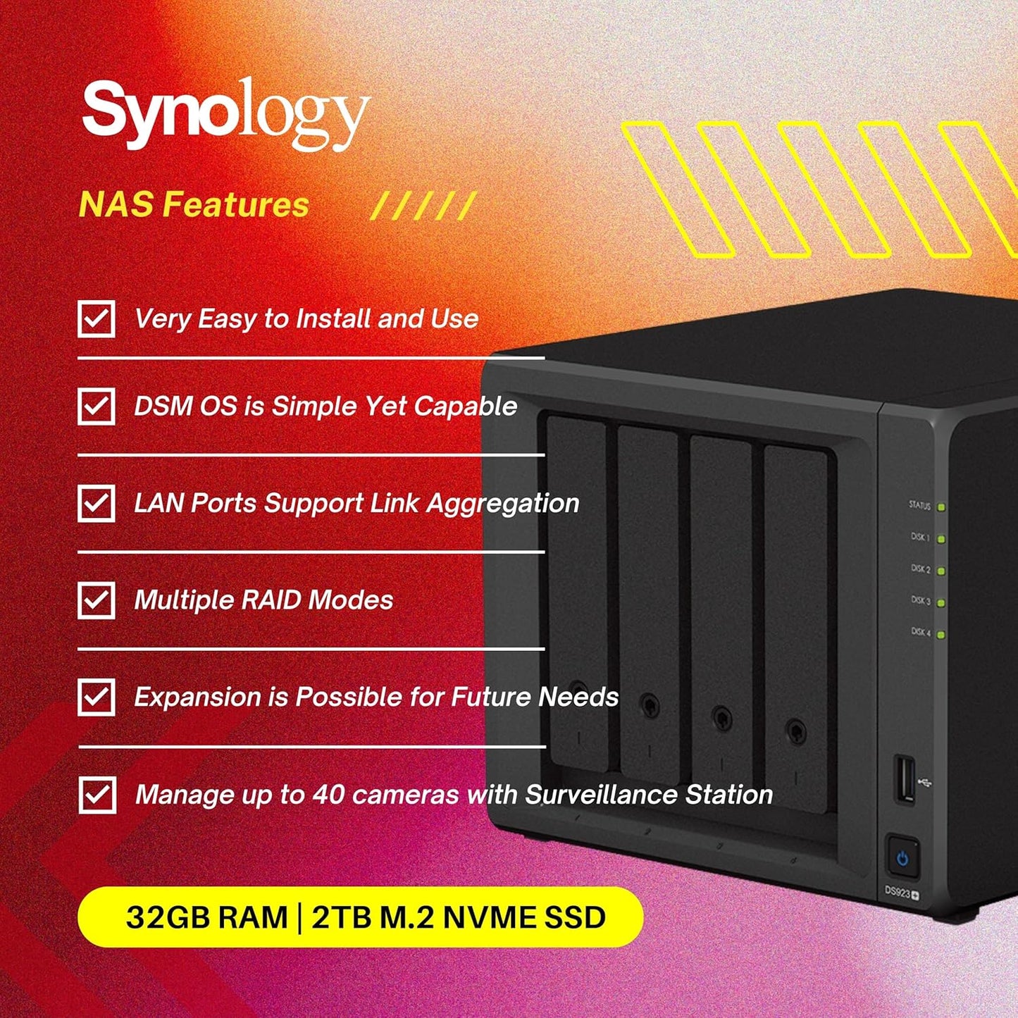 Synology NAS DS923+ 4-Bay AMD Ryzen 2TB NVMe SSD