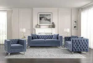 Lexicon 194840120636 Spencer Blue Velvet 3-Piece Living Room Set